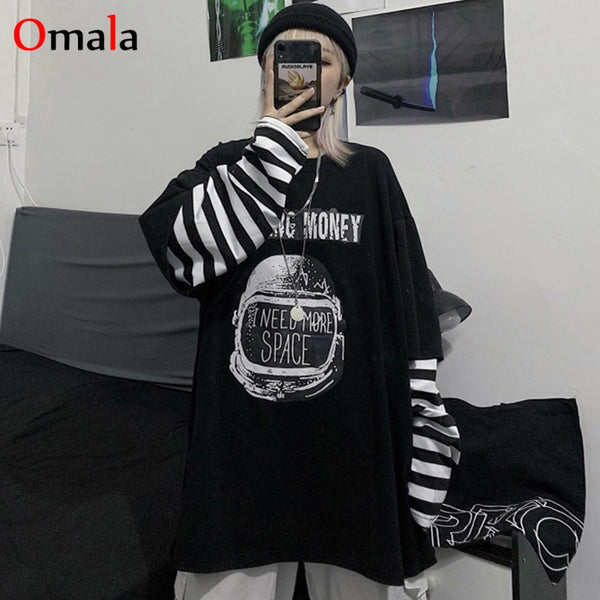 Autumn tshirt Casual Letter Print O-Neck stripe Tees Creativity Loose T-Shirts Women Long Sleeve Oversize top Hip Hop Streetwear