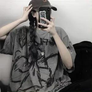 Japan Gray Tshirt Streetwear Loose Summer T Shirt Women Harajuku Punk Short Sleeves T-shirts Tops Tee Hip Hop Loose Tshirt Girls