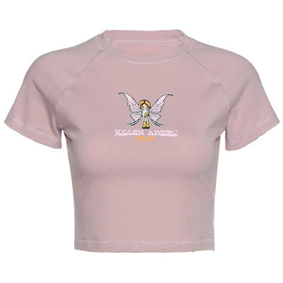 ALLNeon E-girl Butterfly Graphic and Letter Printing Stitch Green Crop Tops Y2K Summer Grunge Style O-neck Short Sleeve T-shirts