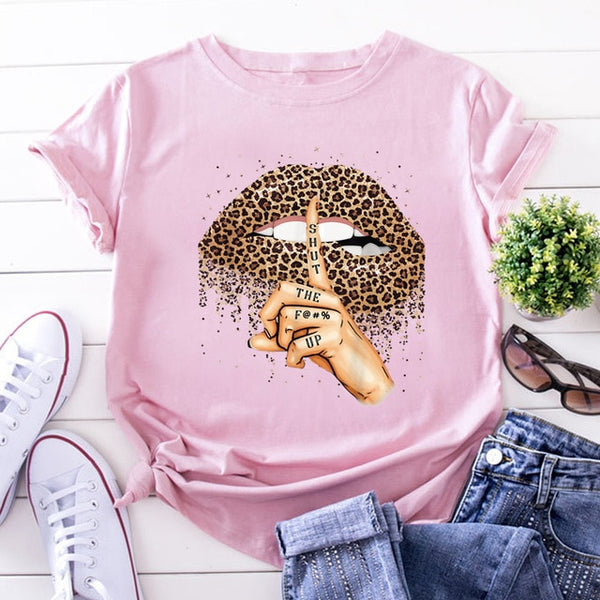 ZOGANKIN Summer Fashion Shirt Lips Leopard Graphic T Shirt Women Tops Base O-neckBlack Tees Kiss Leopard Lip Funny Girls Tshirt