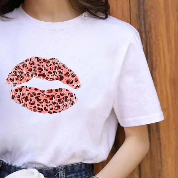 ZOGANKIN Summer Fashion Shirt Lips Leopard Graphic T Shirt Women Tops Base O-neckBlack Tees Kiss Leopard Lip Funny Girls Tshirt