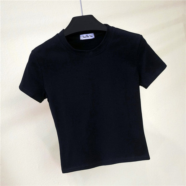 Green Crop Top T-Shirt Female Solid Cotton O-Neck Short Sleeve T-shirts for Women High Waist Slim Short Sport  Femme T-Shirt