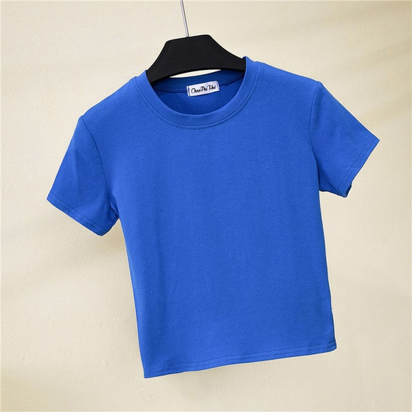 Green Crop Top T-Shirt Female Solid Cotton O-Neck Short Sleeve T-shirts for Women High Waist Slim Short Sport  Femme T-Shirt