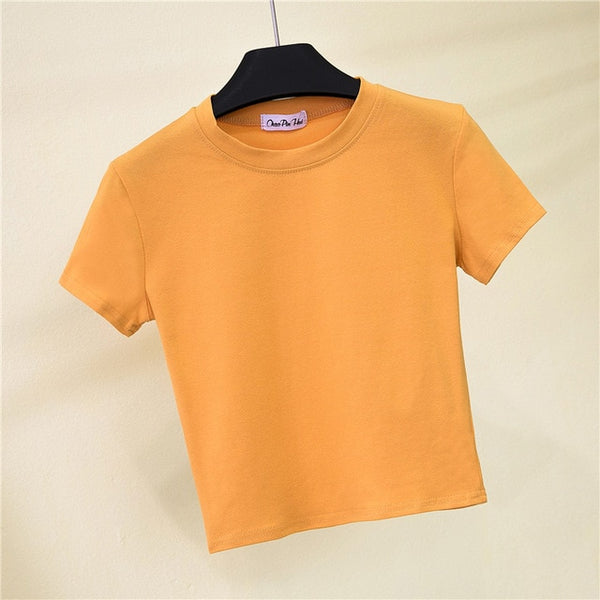 Green Crop Top T-Shirt Female Solid Cotton O-Neck Short Sleeve T-shirts for Women High Waist Slim Short Sport  Femme T-Shirt