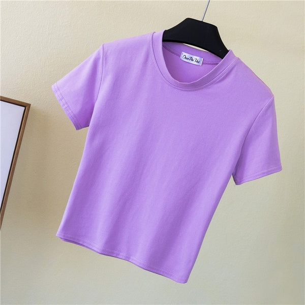 Green Crop Top T-Shirt Female Solid Cotton O-Neck Short Sleeve T-shirts for Women High Waist Slim Short Sport  Femme T-Shirt