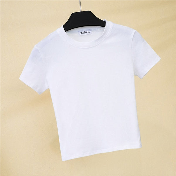 Green Crop Top T-Shirt Female Solid Cotton O-Neck Short Sleeve T-shirts for Women High Waist Slim Short Sport  Femme T-Shirt