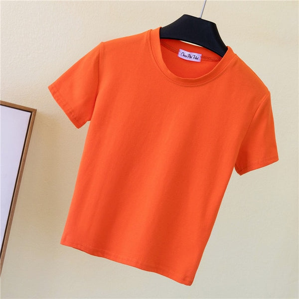 Green Crop Top T-Shirt Female Solid Cotton O-Neck Short Sleeve T-shirts for Women High Waist Slim Short Sport  Femme T-Shirt