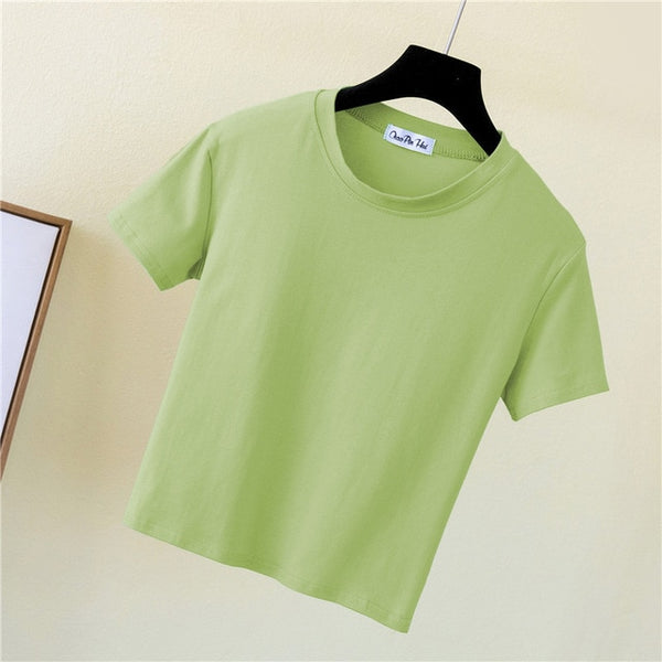 Green Crop Top T-Shirt Female Solid Cotton O-Neck Short Sleeve T-shirts for Women High Waist Slim Short Sport  Femme T-Shirt