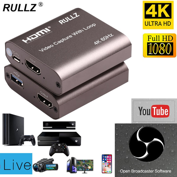 4K 60hz Loop Out HDMI Capture Card Audio Video Recording Plate Live Streaming USB 2.0 3.0 1080p Grabber for PS4 Game DVD Camera