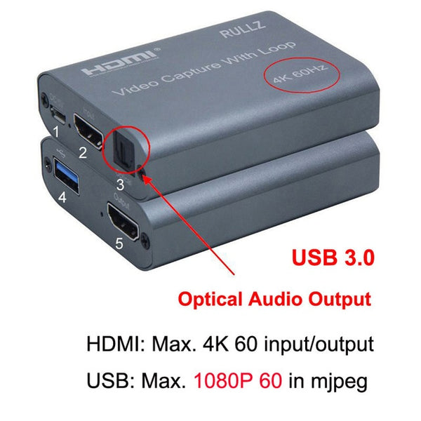 4K 60hz Loop Out HDMI Capture Card Audio Video Recording Plate Live Streaming USB 2.0 3.0 1080p Grabber for PS4 Game DVD Camera