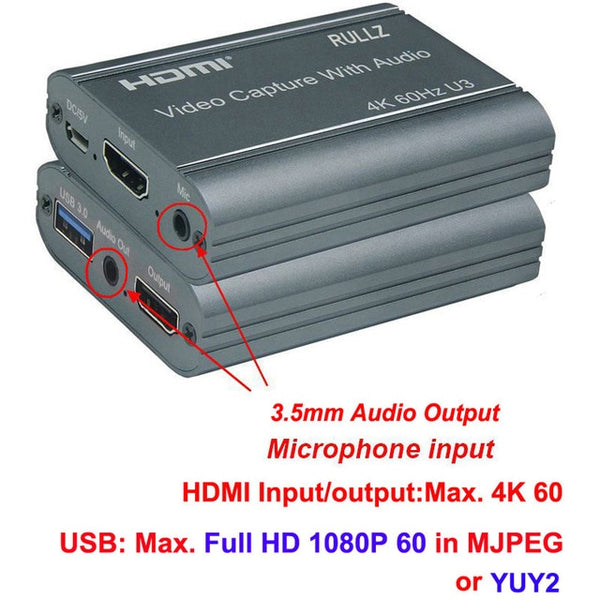 4K 60hz Loop Out HDMI Capture Card Audio Video Recording Plate Live Streaming USB 2.0 3.0 1080p Grabber for PS4 Game DVD Camera