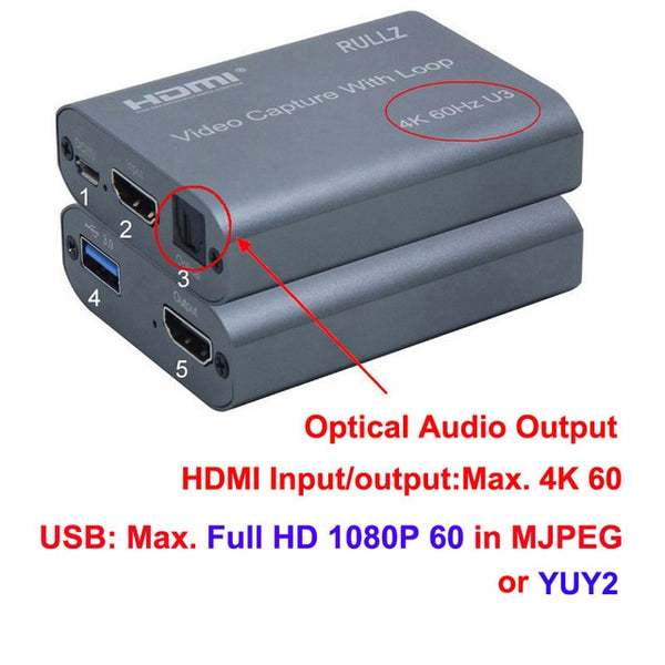 4K 60hz Loop Out HDMI Capture Card Audio Video Recording Plate Live Streaming USB 2.0 3.0 1080p Grabber for PS4 Game DVD Camera